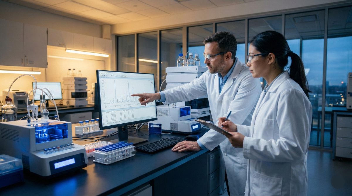 Scientists reviewing HPLC results