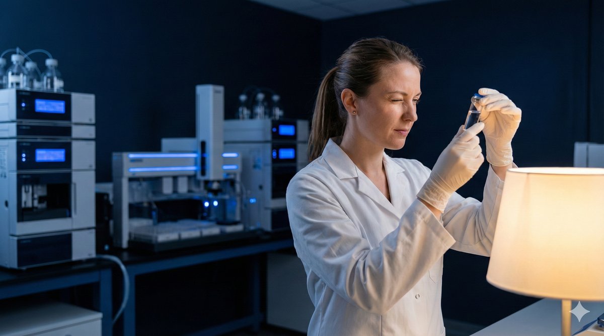 Research scientist examining peptide vial