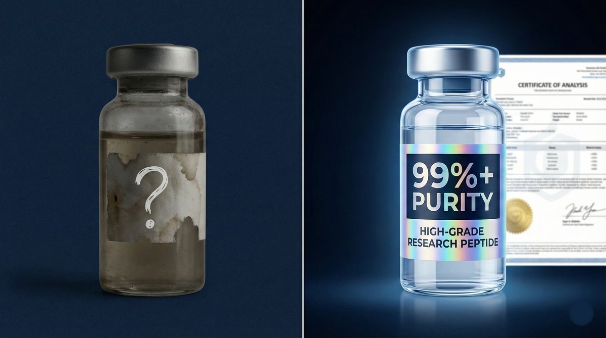 Generic vial vs verified 99%+ purity research peptide
