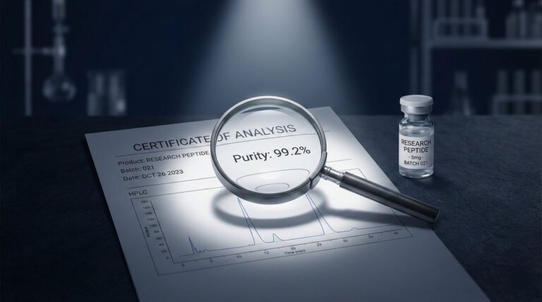 Certificate of Analysis document with magnifying glass showing 99.2% purity