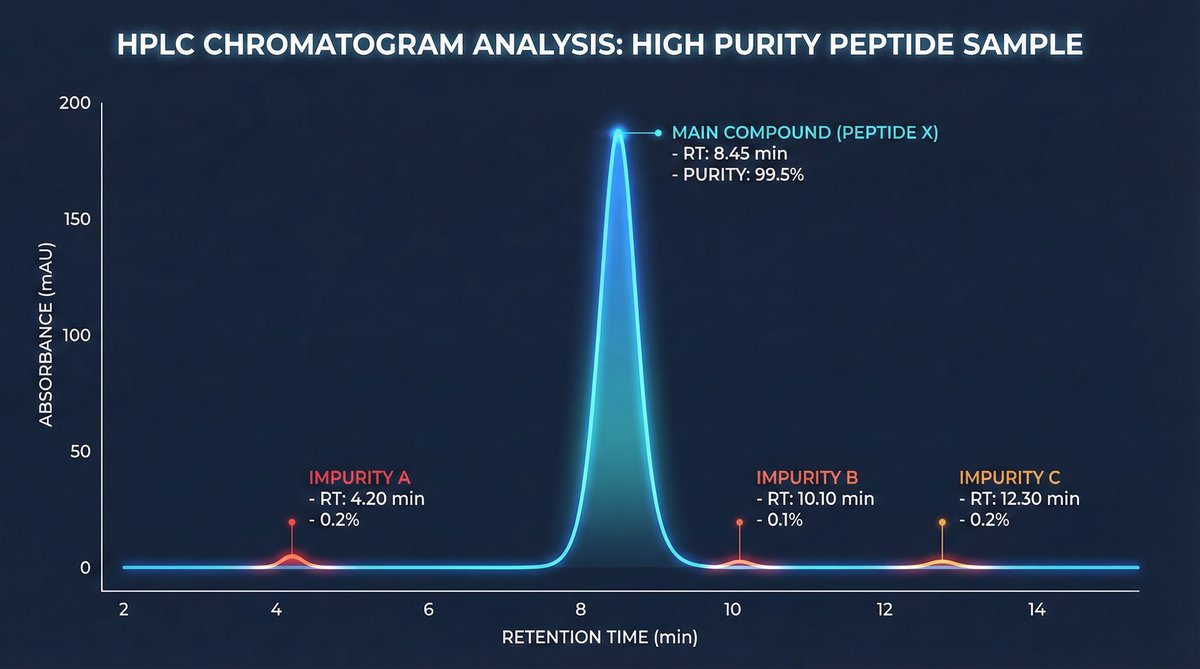 HPLC chromatogram graph showing high purity peptide sample peaks
